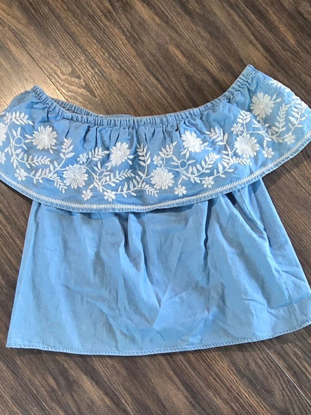 FOREVER 21 Boho/Peasant Style Cotton Chambray On/Off Shoulder Blouse SIZE L